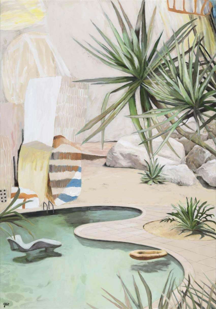 Limited edition fine art canvas print of a serene poolside scene with desert plants by Georgie Wilson.