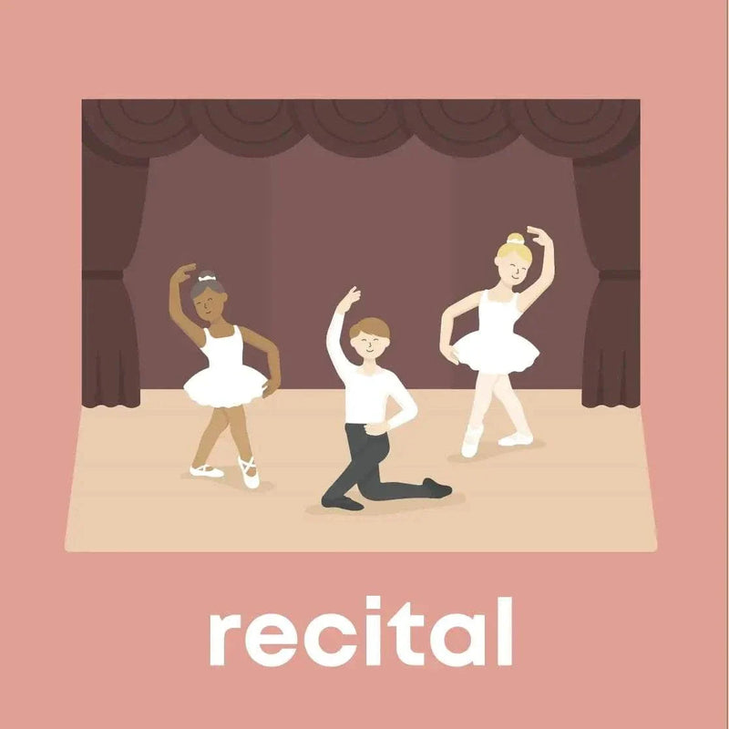 Illustration of three children in ballet poses on stage from Ballet Baby book recital page