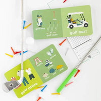 Golf Baby board book with colorful illustrations of golf gear, golf attire, and equipment for toddlers ages 0-4