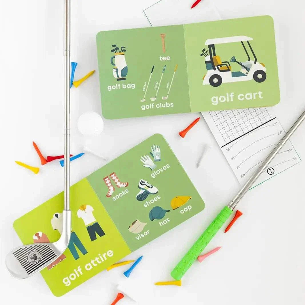Golf Baby board book with colorful illustrations of golf gear, golf attire, and equipment for toddlers ages 0-4