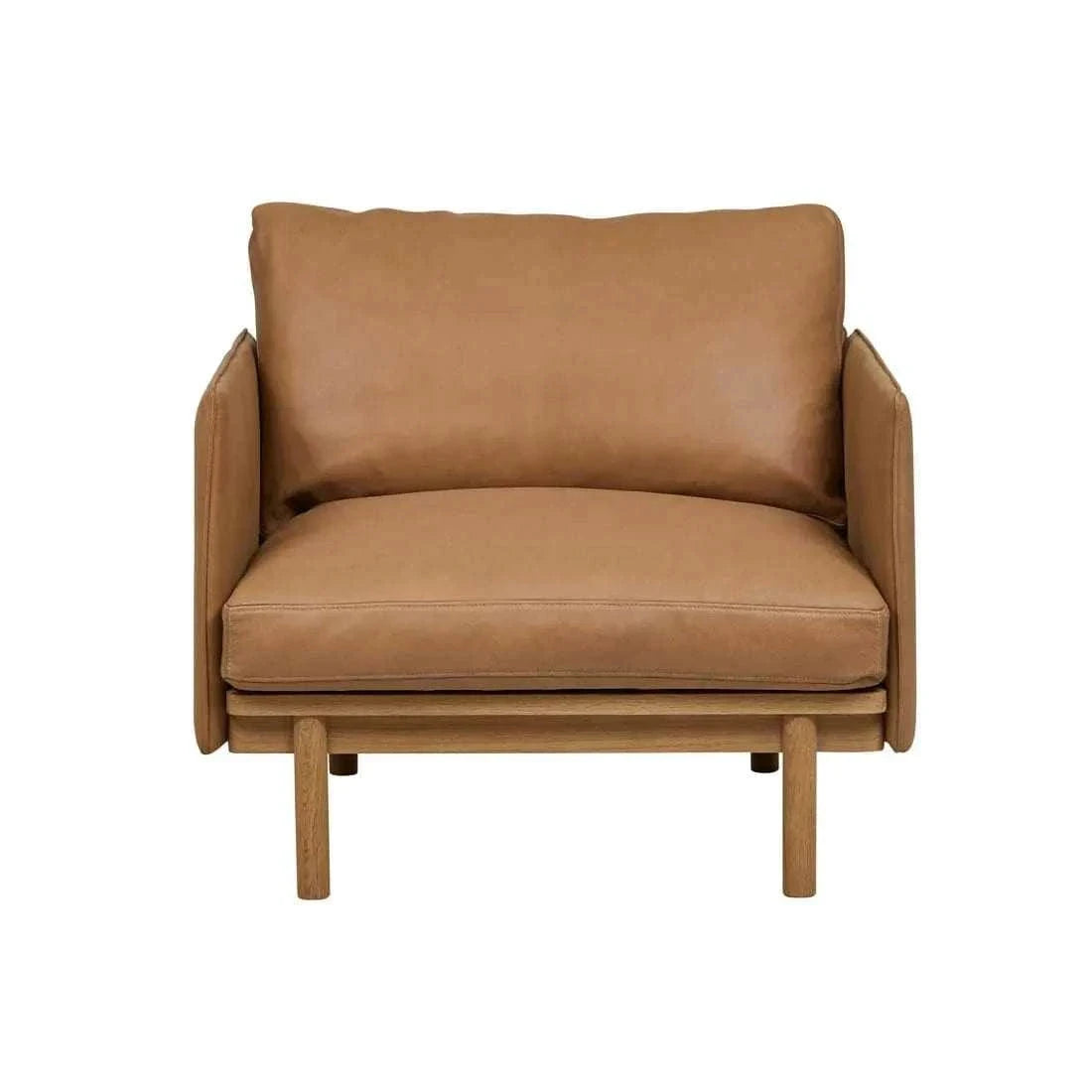 Globe West Tolv Pensive Occasional Chair in camel leather with oak legs and mid-century modern design
