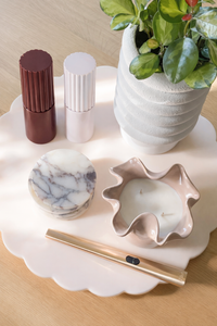 norsu Studio Spin Me Round blush acrylic lazy Susan with scalloped edge and smooth rotating base in two sizes