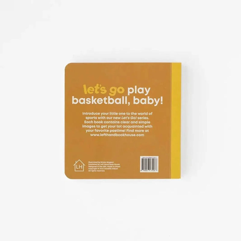 Back cover of Basketball Baby board book for ages 0-4 with yellow spine and sports introduction text
