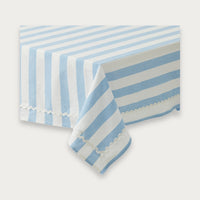Ana cotton tablecloth in sky blue and white stripe with ric-rac trim, 150 x 250cm