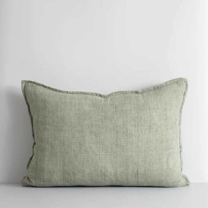 Baya Arcadia Cushion in sage green linen with 1cm flange edge, 40x60cm size, feather-filled for contemporary home decor