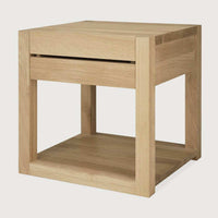 Ethnicraft Azur Bedside Table in natural oak with one drawer and open lower shelf, crafted from solid European oak.