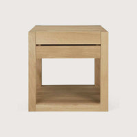 Ethnicraft Azur Bedside Table in natural oak with one drawer and open lower shelf, made from solid European oak.