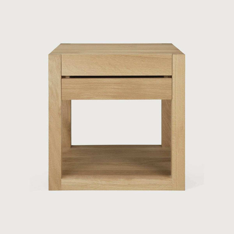 Ethnicraft Azur Bedside Table in natural oak with one drawer and open lower shelf, made from solid European oak.