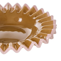 Amalfi Sigrid Frill Dish large mustard and pink hand-blown glass trinket dish with frilled rim.