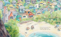 Illustration of colorful beach shacks and people enjoying a sandy beach from the book Castle Crashing by Andrea Rowe