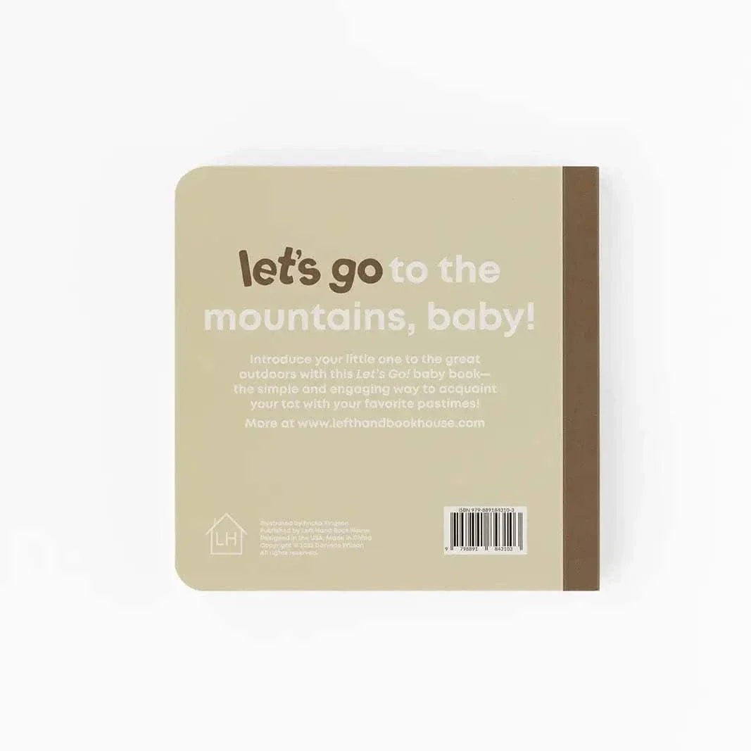 Back cover of Mountain Baby board book with beige background and brown spine, featuring text inviting children to explore the mountains, designed for ages 0-4.