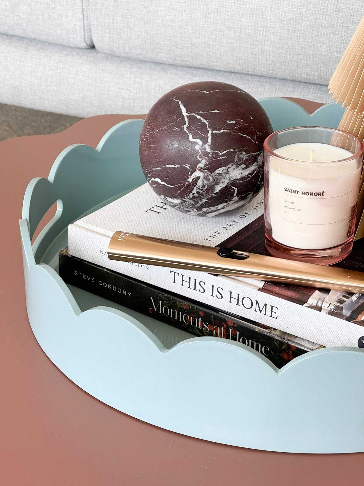 norsu Studio Round Scalloped Tray 45 cm lacquered duck egg blue serving and styling tray