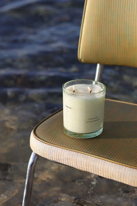 Grace and James Baja scented candle with double wick and fresh basil grapefruit cucumber scent in a glass jar