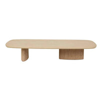 GlobeWest Seb Balance natural oak coffee table with boat-shaped top and asymmetric legs
