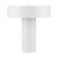 White Thiago Metal Table Lamp with cylindrical base and wide circular shade on a table