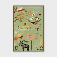 Dance In The Blooms fine art print framed in dark stained timber behind glass