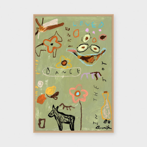 Dance In The Blooms fine art print framed in natural timber behind glass