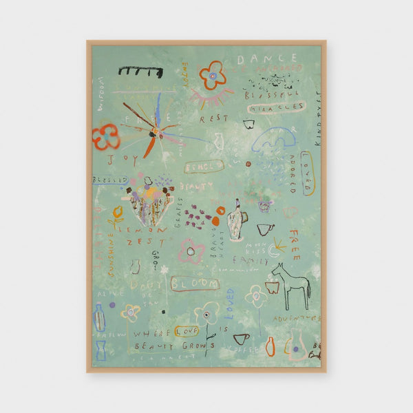 Lemon Zest Daisy fine art print framed in natural timber behind glass