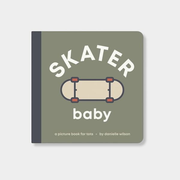 Skater Baby board book with skateboard illustration for toddlers aged 0-4, durable triple-layered pages, matte finish.