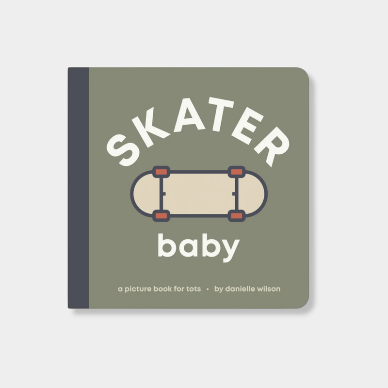Skater Baby board book with skateboard illustration for toddlers aged 0-4, durable triple-layered pages, matte finish.