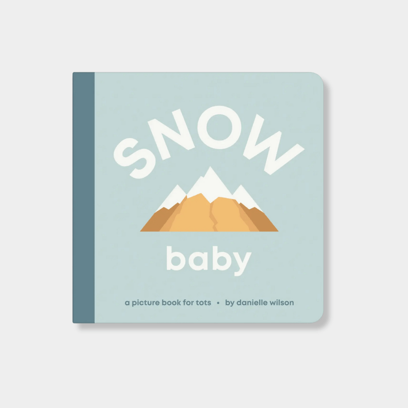Cover of the Snow Baby board book for toddlers featuring mountain illustration and bold text on a light blue background.