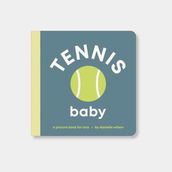 Tennis Baby board book with blue cover, yellow spine, and tennis ball graphic for toddlers ages 0-4.