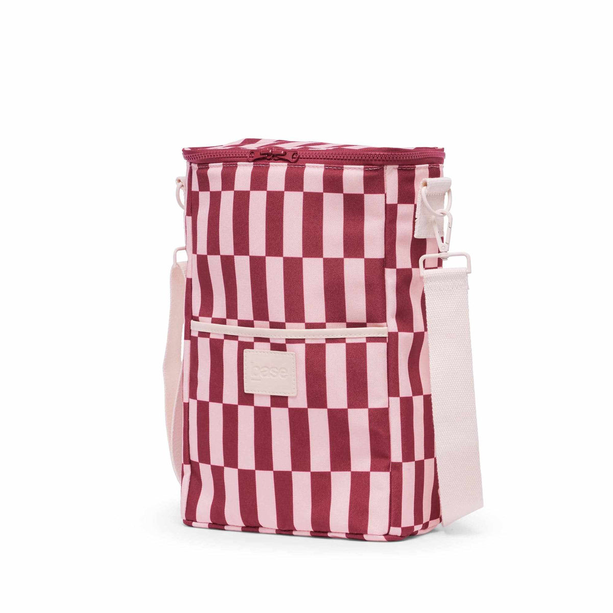 Base Supply Bottle Base burgundy peony check insulated canvas carrier for two bottles with adjustable cotton strap and front pocket