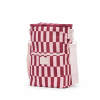 Base Supply Bottle Base burgundy peony check insulated canvas carrier for two bottles with adjustable cotton strap and front pocket