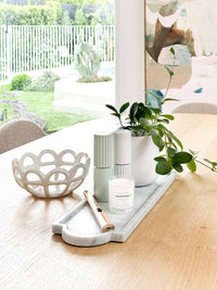 norsu STUDIO Marble Long Tray Calacatta on wooden table with decorative items and natural light