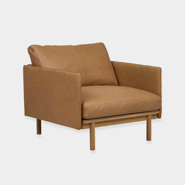 Globe West Tolv Pensive Occasional Chair in camel with oak legs and plush cushions