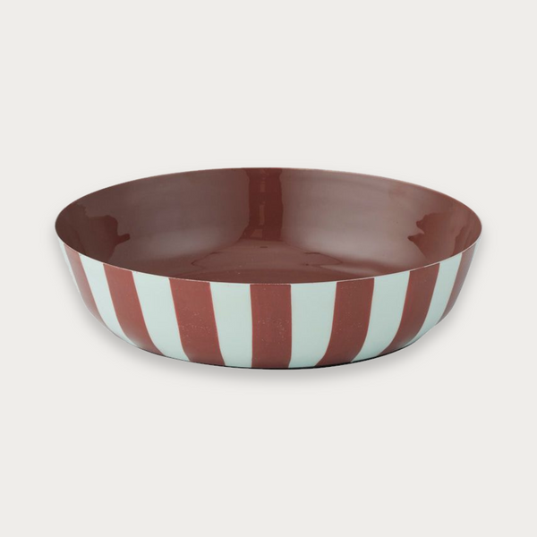Carousel wide metal bowl with mint and rust stripes and rust interior