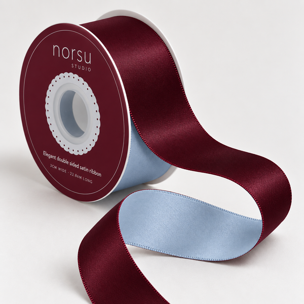 norsu STUDIO Double Sided Satin Ribbon – Wide 3cm x 22.86m, Burgundy/Cornflower Blue