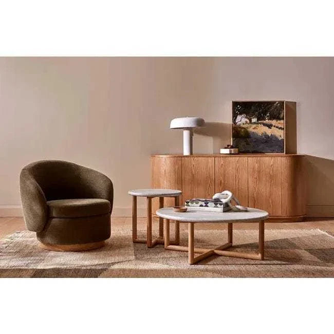 GlobeWest Camille Marble Coffee Table with matt white Carrara marble top and natural ash solid wood base in modern living room setting