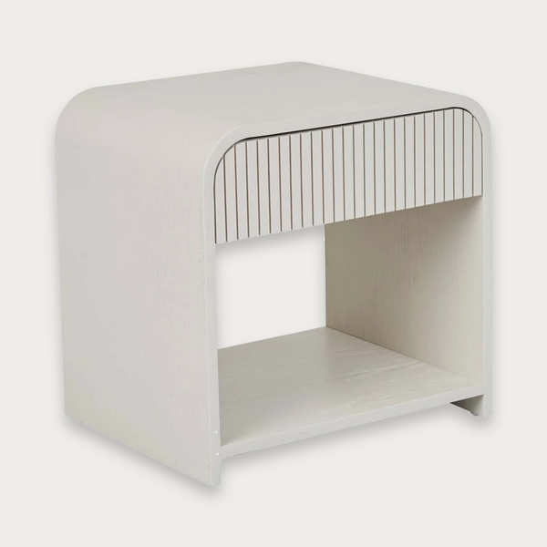 GlobeWest Chloe Channel Bedside in bone ash veneer with curved case, slatted drawer, and open shelf storage