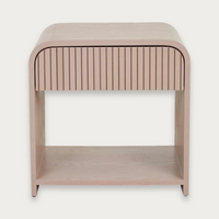 GlobeWest Chloe Channel Bedside in chai ash veneer with curved case, slatted drawer, and open shelf storage