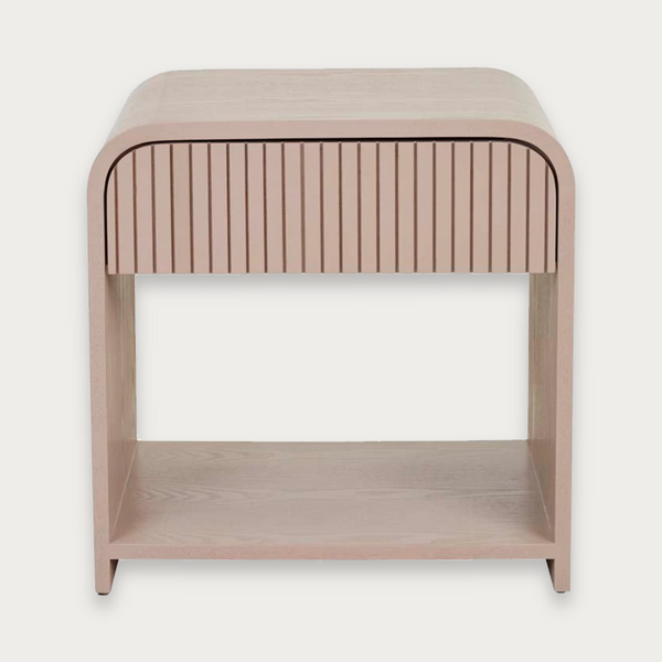 GlobeWest Chloe Channel Bedside in chai ash veneer with curved case, slatted drawer, and open shelf storage