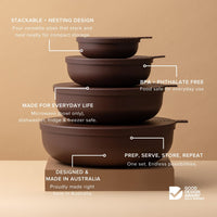 Stacked Cocoa nesting bowls with snap-tight lids