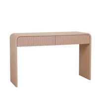 GlobeWest Chloe Channel Console in chai ash veneer with curved edges and slatted drawers for storage