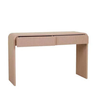 GlobeWest Chloe Channel Console in chai ash veneer with curved edges and slatted drawer design