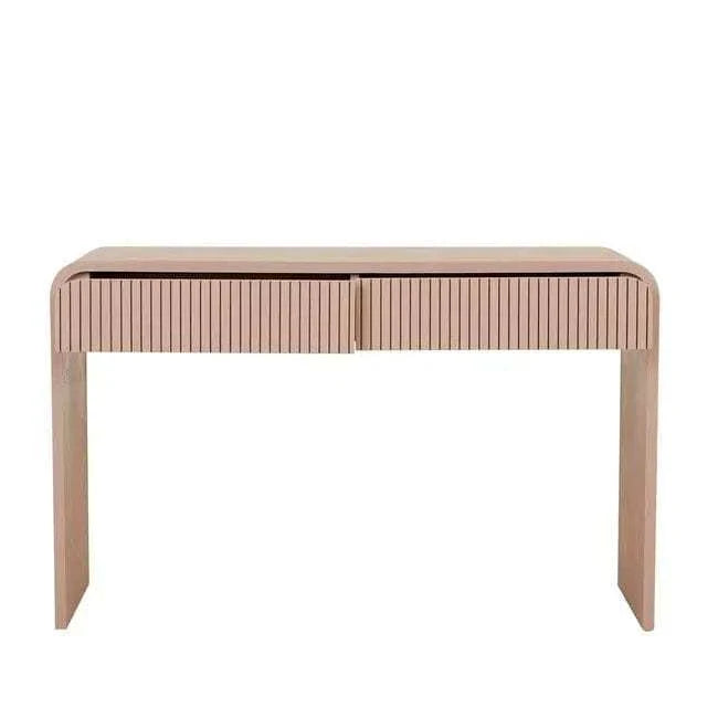 GlobeWest Chloe Channel Console in chai ash veneer with curved design and slatted drawers for storage