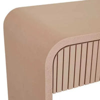 Close-up of GlobeWest Chloe Channel Console in Chai ash veneer with curved edges and slatted drawer design
