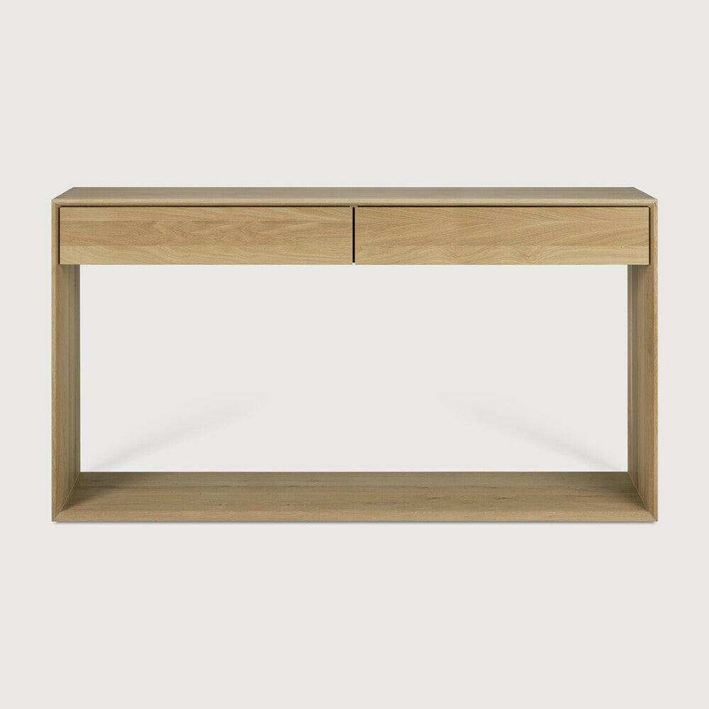 Ethnicraft Nordic Console in natural oak with 2 drawers and open bottom shelf, solid European oak wood design