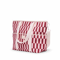 Burgundy and peony check Cooler Base insulated tote with cotton handles and adjustable shoulder strap