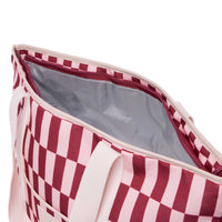 Burgundy peony check insulated Cooler Base with zip-top, cotton handles, adjustable strap, and storage pockets.