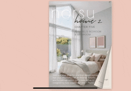 Digital Magazine cover showcasing a bright bedroom with large windows and soft neutral decor from norsuHOME 2 Chapter Five Annabel's Bathroom & Bedroom