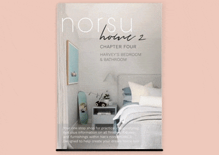 Digital magazine cover of norsuHOME 2 Chapter Four featuring Harvey's bedroom and bathroom interior design with a cozy bed and bedside table.