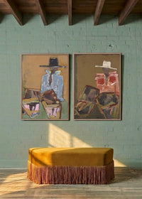 Marcia Priestley Chaps Rodeo and Chaps Field Day framed canvas prints styled on a green brick wall