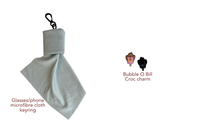 norsu STUDIO cracker fillings: glasses/phone microfibre cloth keyring and Bubble O Bill croc charm