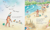 Children building sandcastles on a beach with Bonnie in a striped dress feeling frustrated in Castle Crashing book illustration