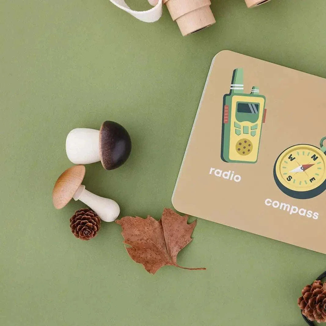 Mountain Baby board book with illustrated radio and compass on cover alongside wooden mushrooms and pinecones on green background